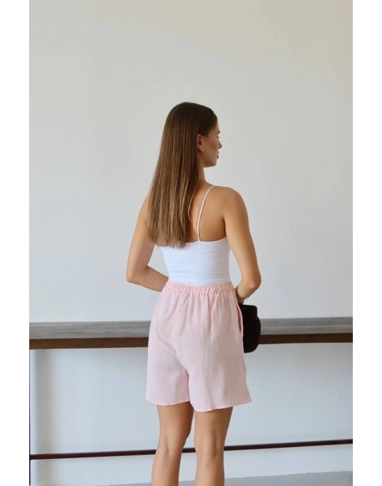 Müslin kumaş şort bağcıklı pembe pt