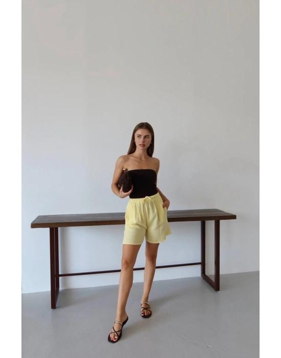 Müslin kumaş şort bağcıklı sarı pt