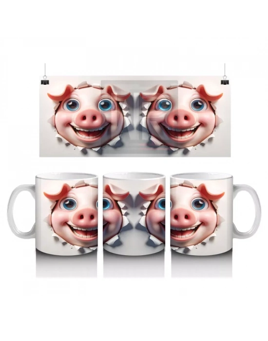 Mutlu İfade ile Bakan Çift Domuz Karakteri – Baskılı Kahve Kupası