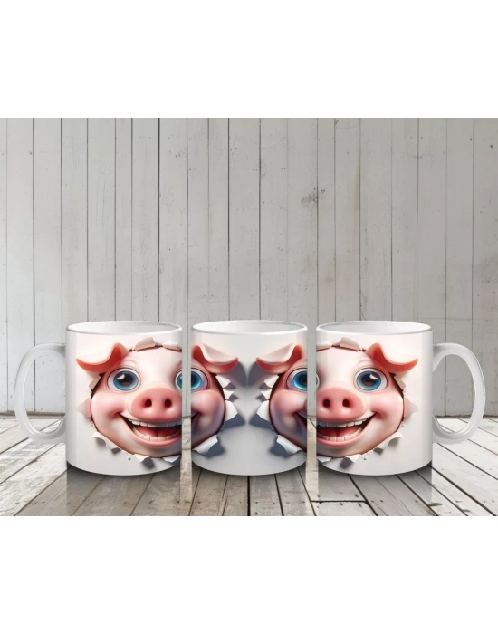 Mutlu İfade ile Bakan Çift Domuz Karakteri – Baskılı Kahve Kupası