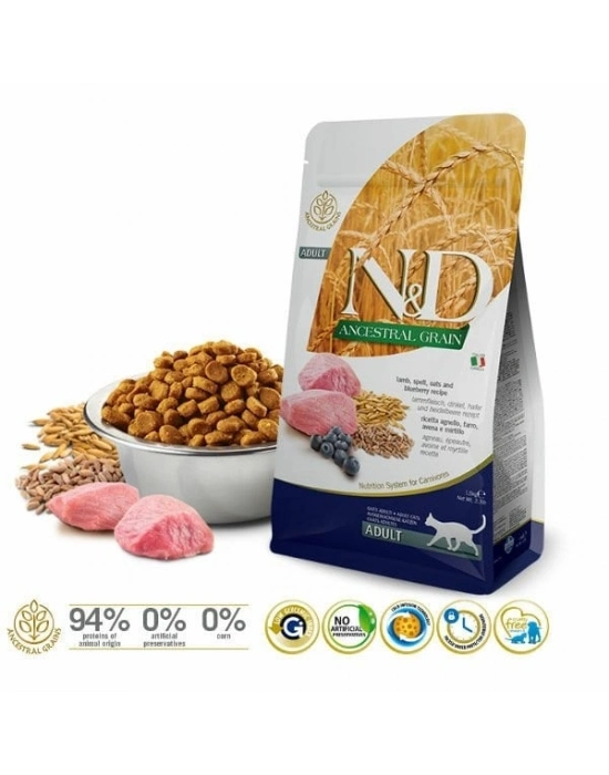 N&D Düşük Tahıllı Kuzu Etli ve Yaban Mersinli Yetişkin Kedi Maması 1.5 Kg