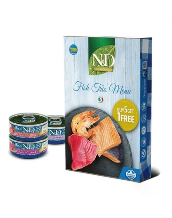 N&D Fish Trio Menu Karides ve Somon Balıklı Yetişkin Kedi Konservesi 1 Adet 6x70 Gr