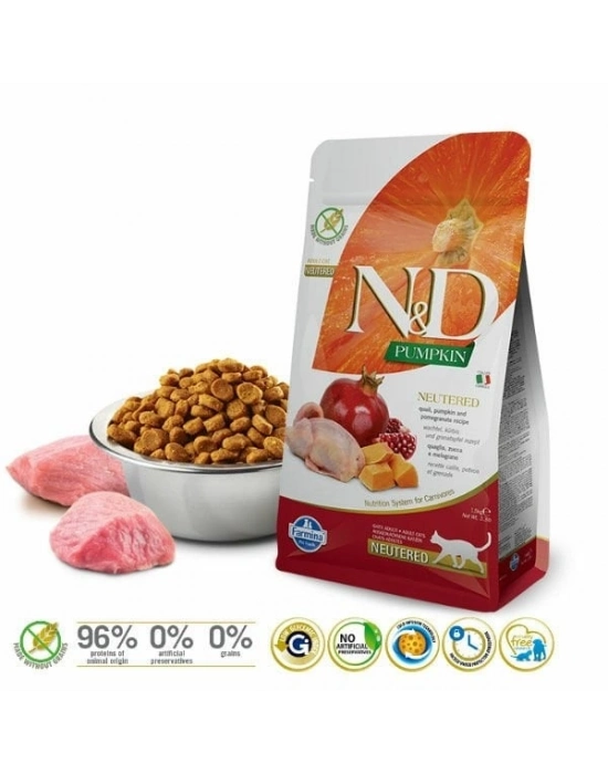 N&D Pumpkin Balkabaklı Bıldırcın ve Narlı Kısırlaştırılmış Kedi Maması 1.5 Kg