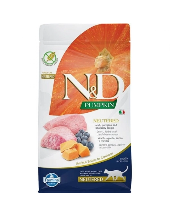 N&D Pumpkin Kuzu ve Yaban Mersinli Kısırlaştırılmış Kedi Maması 1.5 Kg