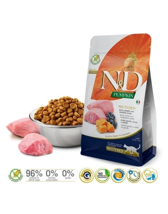 N&D Pumpkin Kuzu ve Yaban Mersinli Kısırlaştırılmış Kedi Maması 1.5 Kg