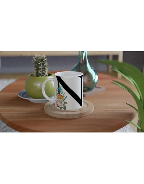 N Harfi Çiçek Motifli Kupa Bardak