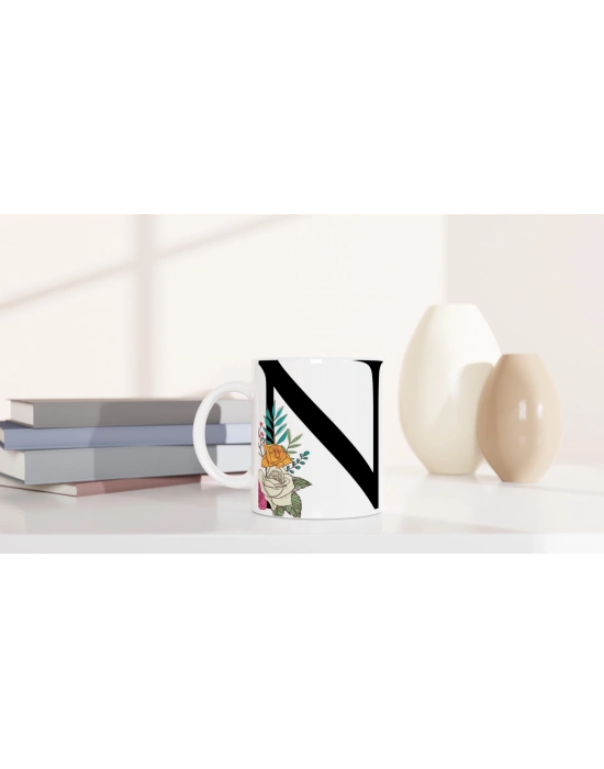 N Harfi Çiçek Motifli Kupa Bardak