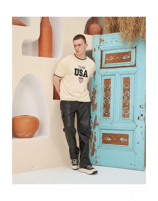 Nakış İşlemeli Ribanalı Oversize T-shirt - Bej