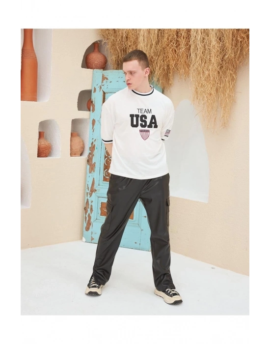 Nakış İşlemeli Ribanalı Oversize T-shirt - Beyaz