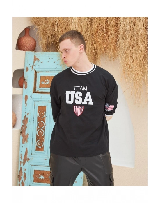 Nakış İşlemeli Ribanalı Oversize T-shirt - Siyah