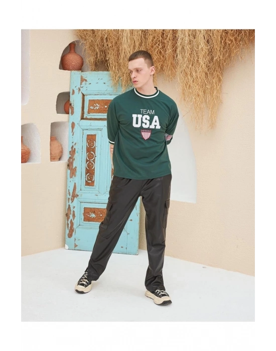 Nakış İşlemeli Ribanalı Oversize T-shirt - Yeşil