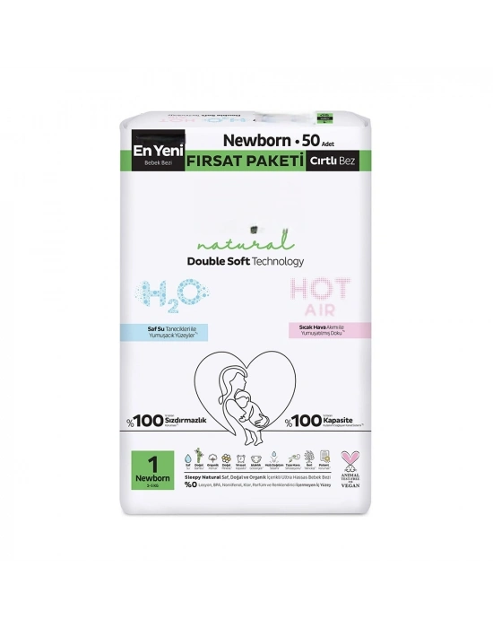 Natural Double Soft Bebek Bezi Fırsat Paketi 1 Beden 50 Adet
