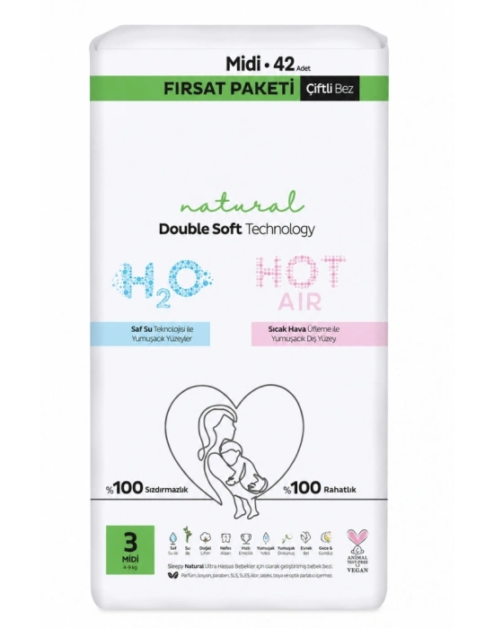 Natural Double Soft Bebek Bezi Fırsat Paketi 3 Beden 42 Adet