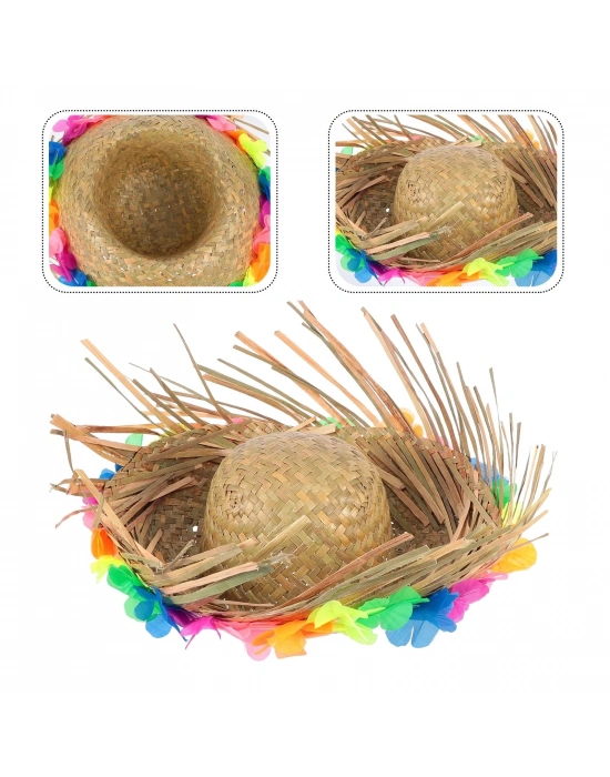 Naturel Renk Püsküllü Örme Hasır Hawaii Luau Aloha Şapka 13x36 Cm
