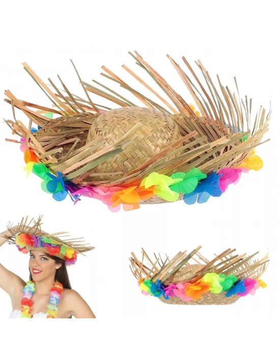 Naturel Renk Püsküllü Örme Hasır Hawaii Luau Aloha Şapka 13x36 Cm