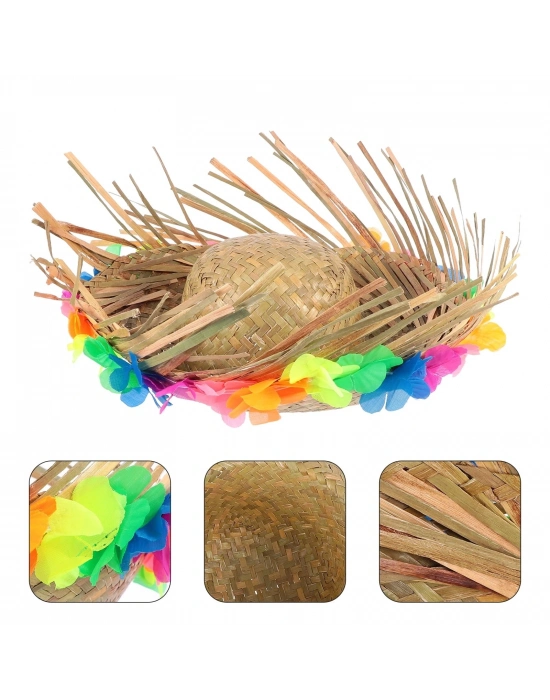 Naturel Renk Püsküllü Örme Hasır Hawaii Luau Aloha Şapka 13x36 Cm