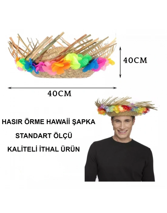 Naturel Renk Püsküllü Örme Hasır Hawaii Luau Aloha Şapka 13x36 Cm