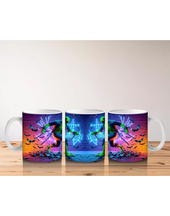 Neon Işıklarla Dans Eden Canavar Figürlü Eğlenceli Cadılar Bayramı Baskılı Kupa Bardak