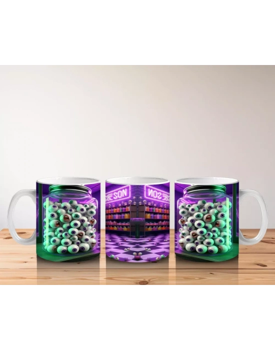 Neon Işıklarla Süslenmiş Parti Cadısı Temalı Renkli Cadılar Bayramı Baskılı Kupa