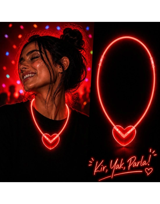 Neon Işıklı Fosforlu Kalp Parti Kolyesi Kırmızı Renk