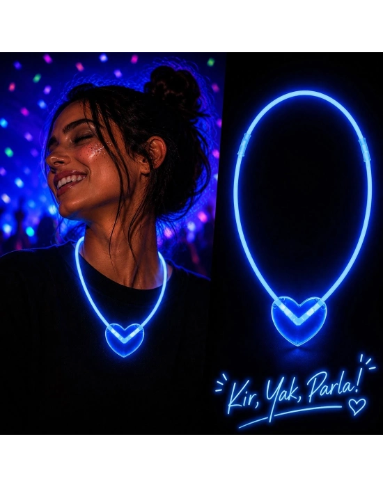 Neon Işıklı Fosforlu Kalp Parti Kolyesi Mavi Renk