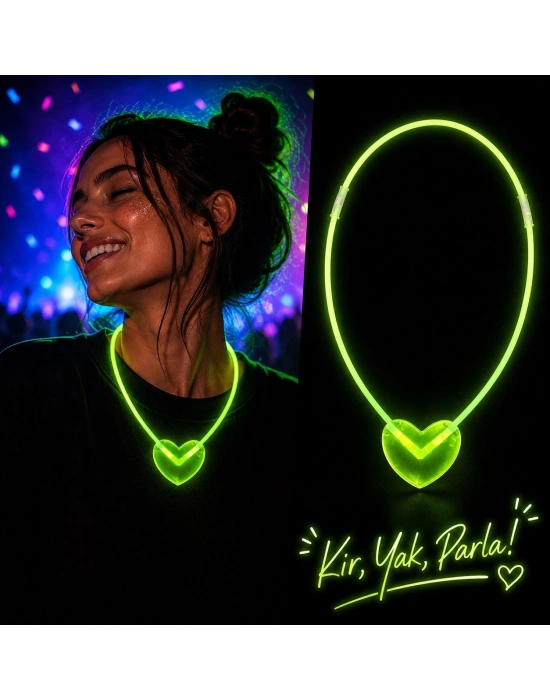 Neon Işıklı Fosforlu Kalp Parti Kolyesi Yeşil Renk