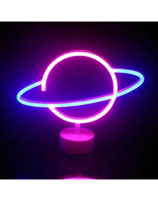 Neon Işıklı Satürn Lamba (Pil + USB)