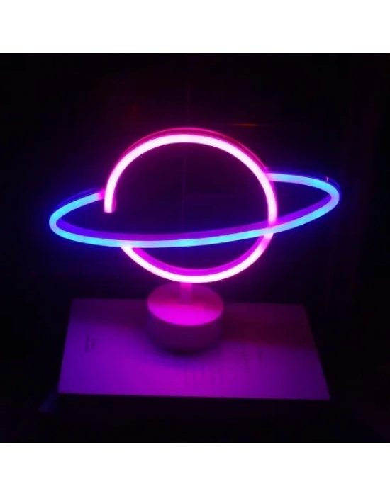Neon Işıklı Satürn Lamba (Pil + USB)