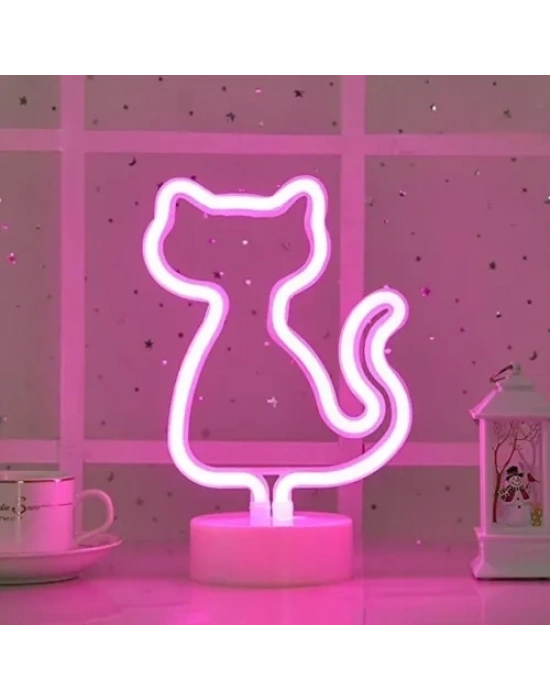Neon Kedi Masa Gece Lambası Pembe Işık