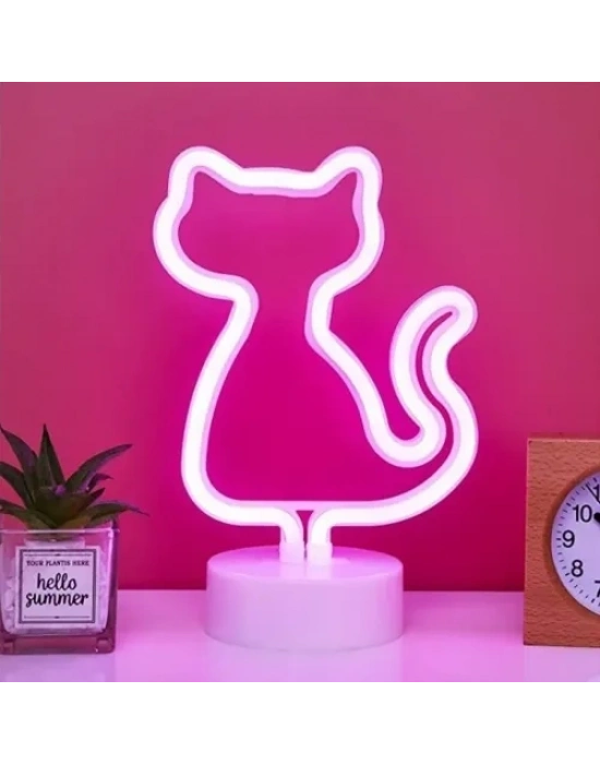 Neon Kedi Masa Gece Lambası Pembe Işık