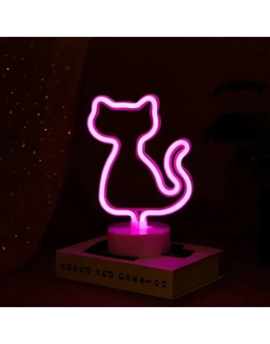 Neon Kedi Masa Gece Lambası Pembe Işık