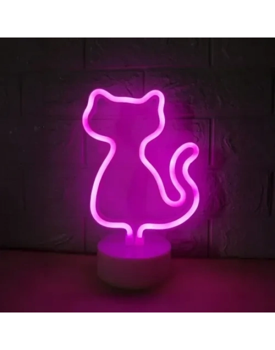 Neon Kedi Masa Gece Lambası Pembe Işık