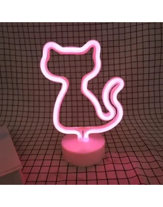 Neon Kedi Masa Gece Lambası Pembe Işık