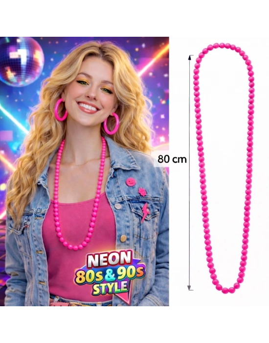 Neon Pembe Boncuk Kolye 80 Cm – Retro 80’ler 90’lar Parti Aksesuarı