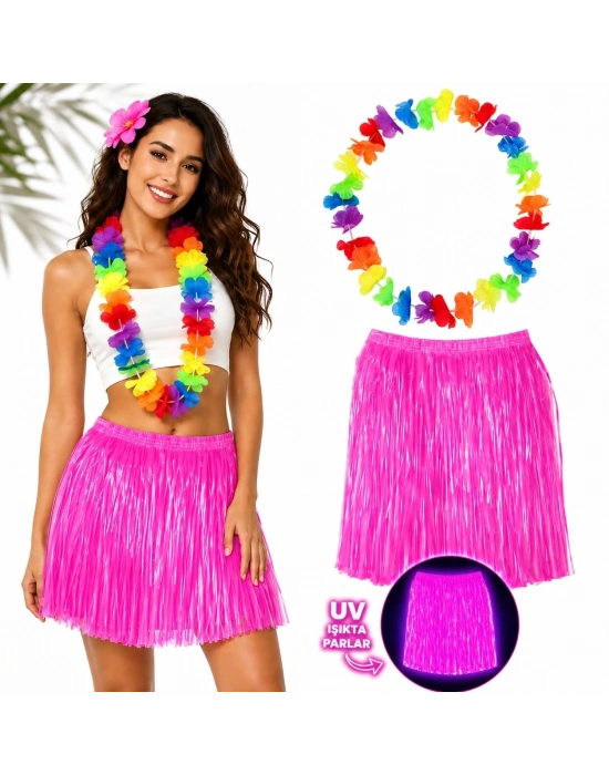 Neon Pembe Hawaii Etek 40 cm ve Rengarenk Hawaii Kolye
