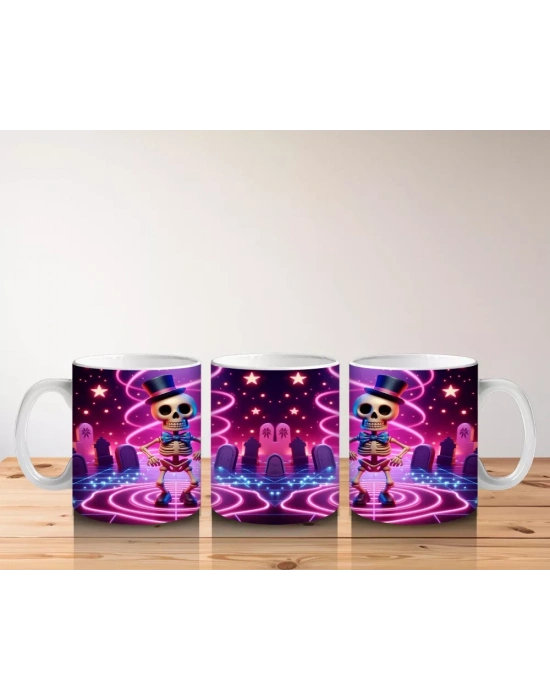 Neon Renkli Gotik Cadı Kedi Desenli Cadılar Bayramı Baskılı Kupa Bardak