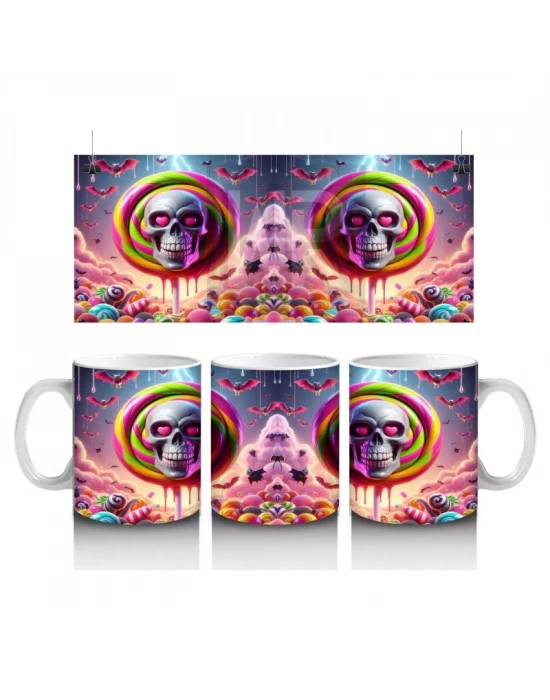 Neon Renkli Hayalet Figürlü Renkli Halka İçinde Cadılar Bayramı Baskılı Kupa Bardak