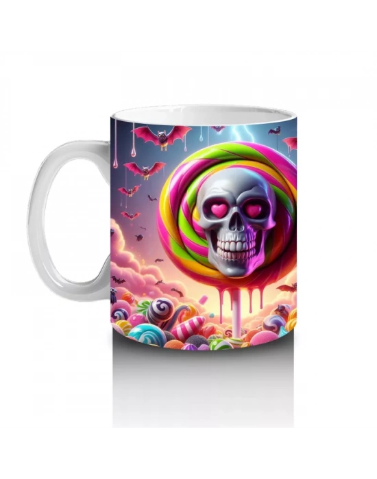 Neon Renkli Hayalet Figürlü Renkli Halka İçinde Cadılar Bayramı Baskılı Kupa Bardak