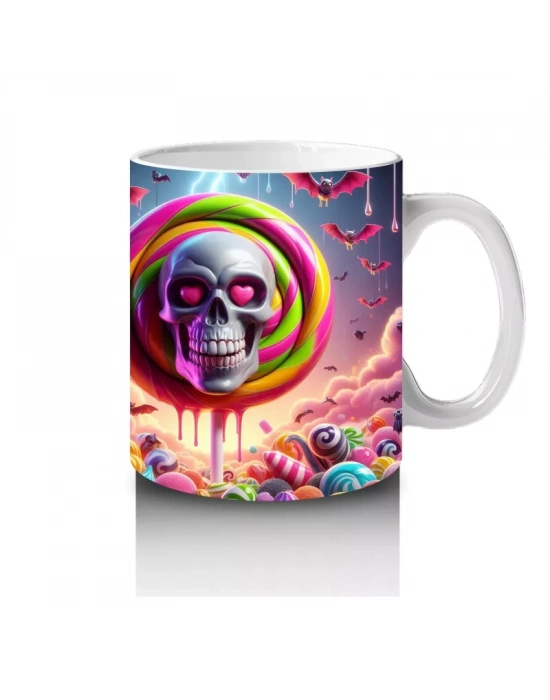 Neon Renkli Hayalet Figürlü Renkli Halka İçinde Cadılar Bayramı Baskılı Kupa Bardak