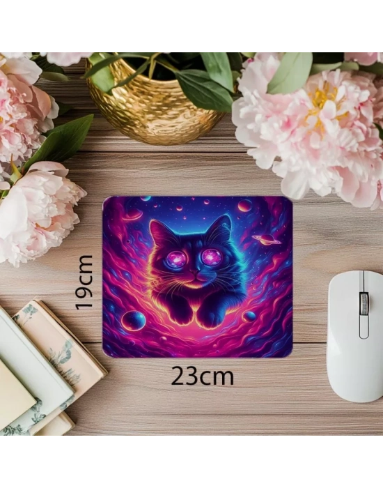 Neon Renkli Kozmik Kedi Mouse Pad - 19x23 cm 2 mm Dikdörtgen İthal Baskılı Mouse Pad