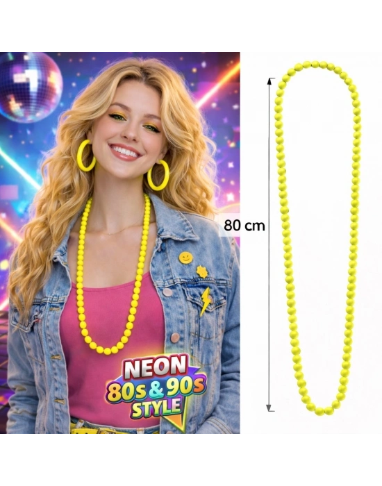 Neon Sarı Boncuk Kolye 80 cm – Retro 80’ler 90’lar Parti Aksesuarı