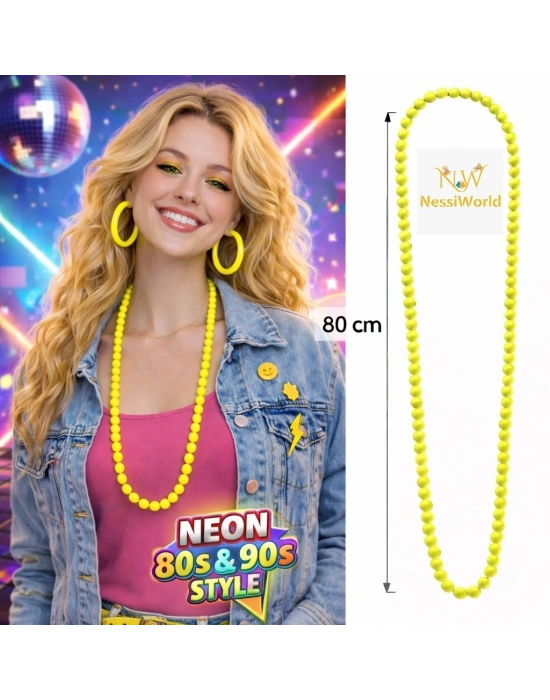 Neon Sarı Boncuk Kolye 80 cm – Retro 80’ler 90’lar Parti Aksesuarı