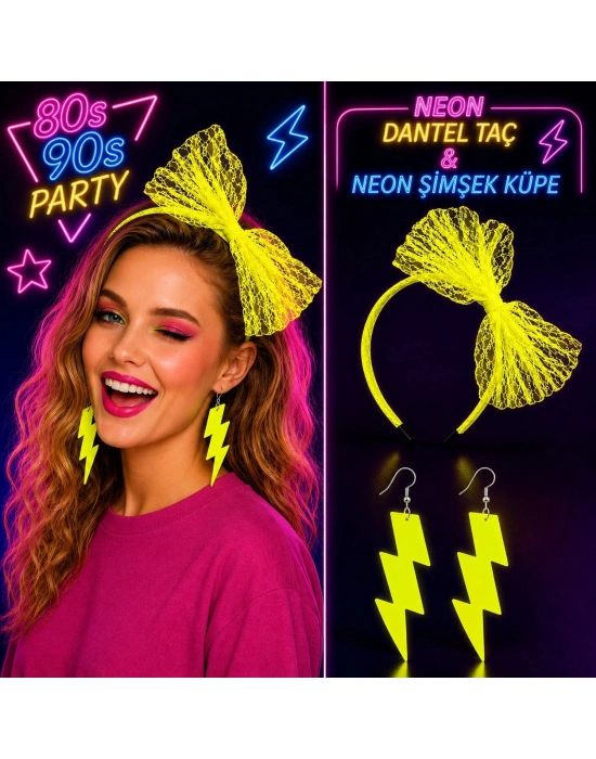 Neon Sarı Dantel Taç ve Şimşek Küpe 80'ler 90'lar Parti Seti