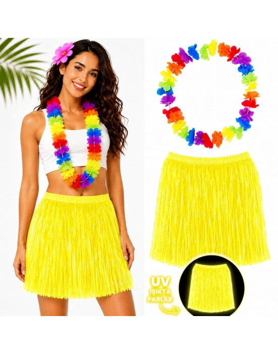 Neon Sarı Hawaii Etek 40 cm ve Rengarenk Hawaii Kolye