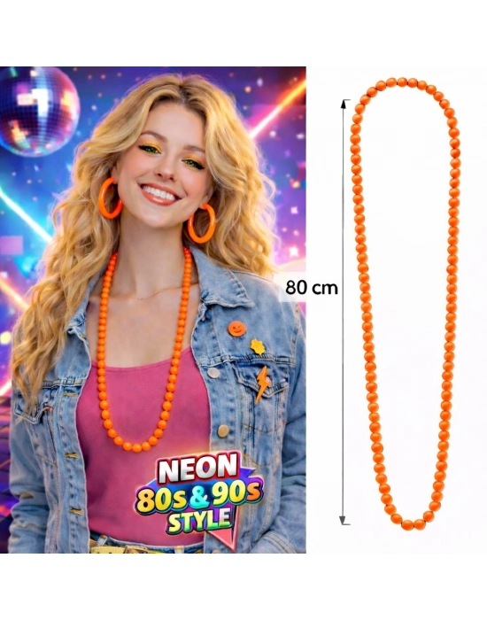 Neon Turuncu Boncuk Kolye 80 Cm – Retro 80’ler 90’lar Parti Aksesuarı