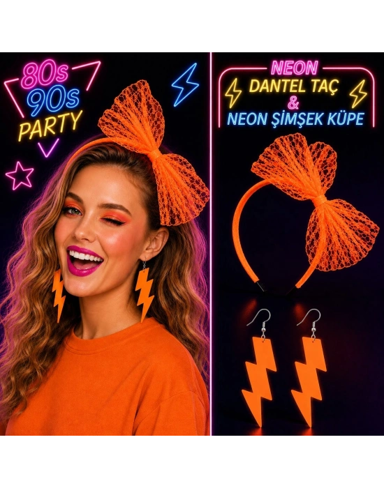 Neon Turuncu Dantel Taç Ve Şimşek Küpe 80'ler 90'lar Parti Seti