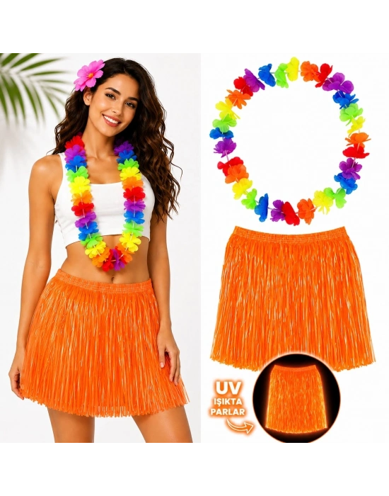 Neon Turuncu Hawaii Etek 40 cm ve Rengarenk Hawaii Kolye