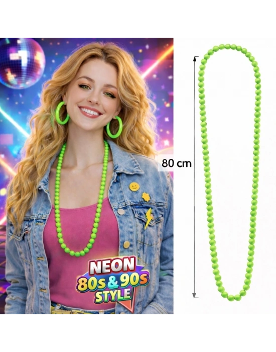 Neon Yeşil Boncuk Kolye 80 Cm – Retro 80’ler 90’lar Parti Aksesuarı