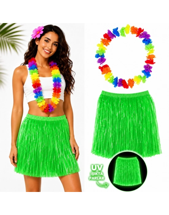 Neon Yeşil Hawaii Etek 40 cm ve Rengarenk Hawaii Kolye