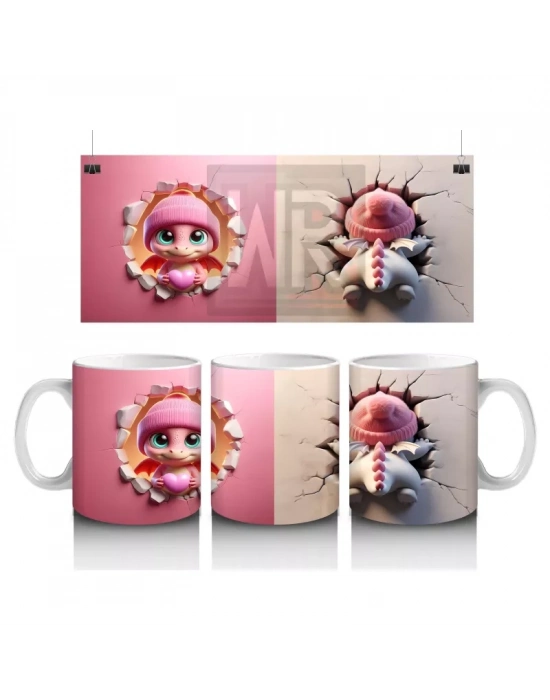 Neşeli Kız Maskot ve Pembe Kalpli Fon Figürü – Baskılı Kahve Kupası